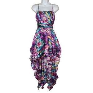 STEPPIN' OUT Colorful Swirl Purple Print Ruffle Hi Low Party Dress 7/8 (Medium)